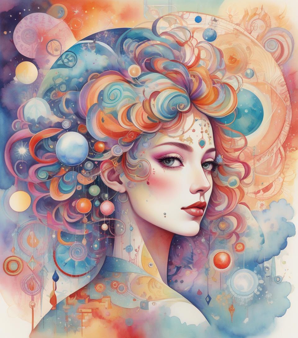  a vibrant digital artwork portraying a woman with elaborate, colorful hair adorned with swirling patterns and celestial orbs set against a dreamy backdrop. gorgeous watercolor patchwork, fantasy, fantastic, no corners, kandinsky dot line drawing, highly detailed, exquisitely intricate, beautiful, clear, high quality, colorful.