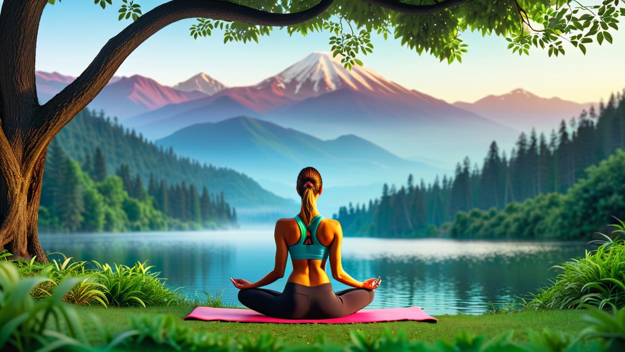  a serene landscape depicting a tranquil yoga session at sunrise, surrounded by lush greenery, a peaceful lake, and gentle mountains, with elements of healthy food, meditation, and nature seamlessly blending together. hyperrealistic, full body, detailed clothing, highly detailed, cinematic lighting, stunningly beautiful, intricate, sharp focus, f/1. 8, 85mm, (centered image composition), (professionally color graded), ((bright soft diffused light)), volumetric fog, trending on instagram, trending on tumblr, HDR 4K, 8K