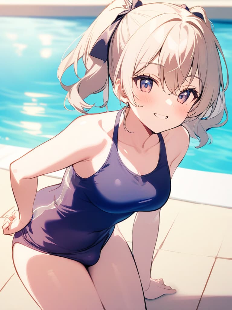  women's elementary students, twin tails, rich smiles, cute smiles, navy blue swimwear, old swimwear, swimwear, simple, male, shaped clear , shaped clear, clear stem, shaped crisp, male bulge,, front. the whole body, pool side,