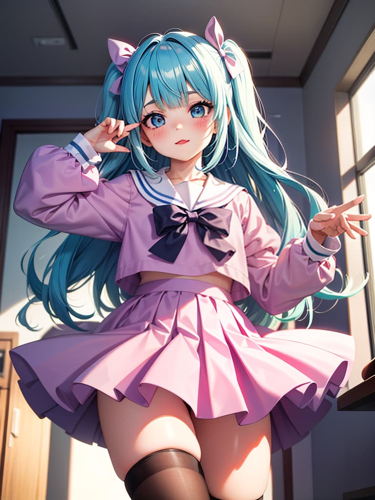  masterpiece,highres,((v ray render)),sense of depth,close view,upper body,pastel colored painting,indoors, atmosphere,clroom,solo,,kawaii,intelligence,joyful,wince,shocked,y makeup, eyelash,big eyes,droped eyes,pastel blue hair,two side up, uniform,sailor suit,serafuku,long sleeves,pastel pink outfits,bow,(pastel purple bow),pleats ,mini,blue ,tights,black tights,standing,open stance,legs apart,pose,hands up,own hands together,steepled fingers.