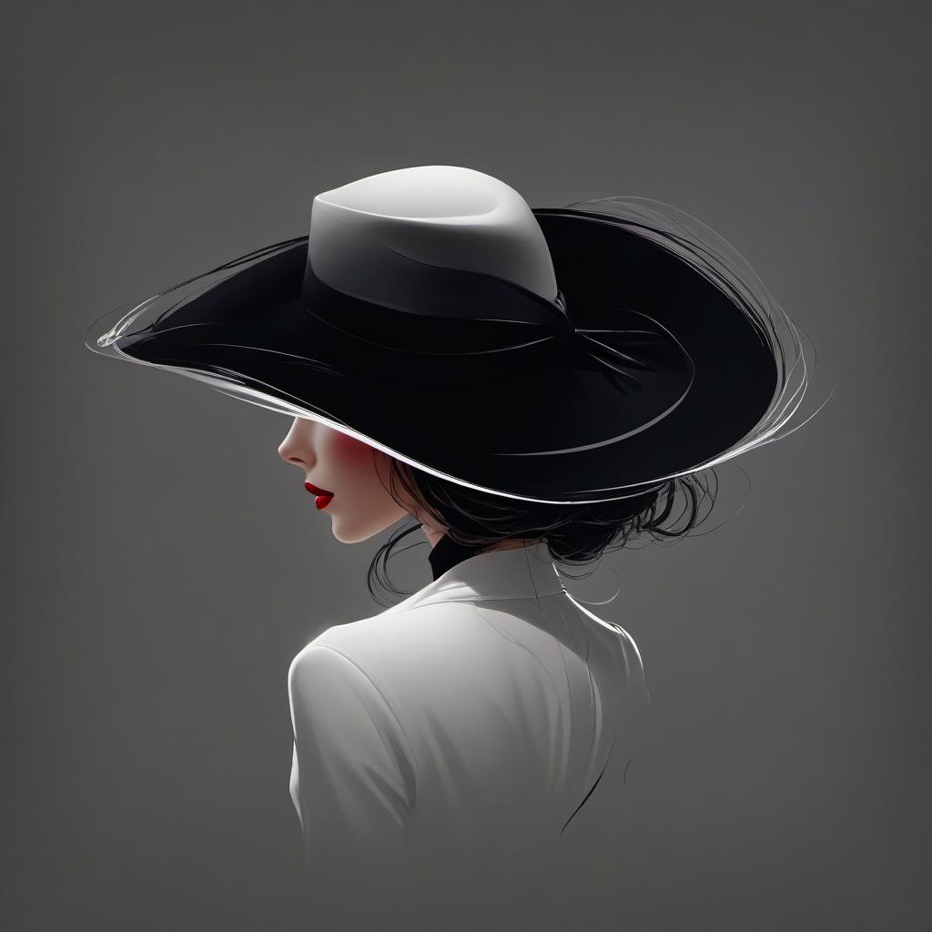  silhouette style close up of a woman in a white hat, on a dark background, vector graphics, author kuno veeber, computer graphics on trend, digital art, laurie earley,, elegant oil painting, red cloth, parted lips, stunning, 1024 pixel profile photo, glamorous . high contrast, minimalistic, black and white, stark, dramatic