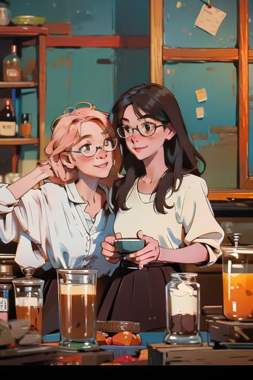  two girls wearing glasses are smiling happily at each other in a coffee shop. , bichu,oil painting,impressionism advertising photo,high quality, good proportion, masterpiece , the image is captured with an 8k camera