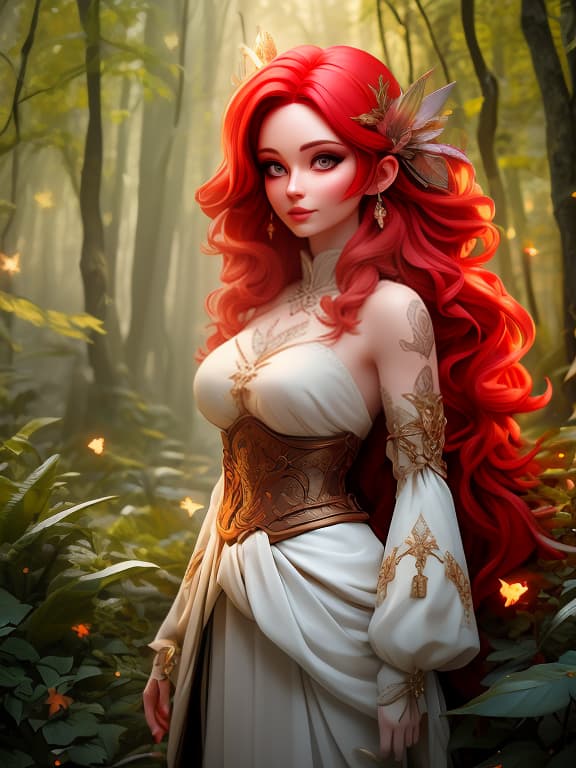  A red haired beautiful in a fairy tale forest, portrait above the waist, on the body a tattoo. hyperrealistic, full body, detailed clothing, highly detailed, cinematic lighting, stunningly beautiful, intricate, sharp focus, f/1. 8, 85mm, (centered image composition), (professionally color graded), ((bright soft diffused light)), volumetric fog, trending on instagram, trending on tumblr, HDR 4K, 8K