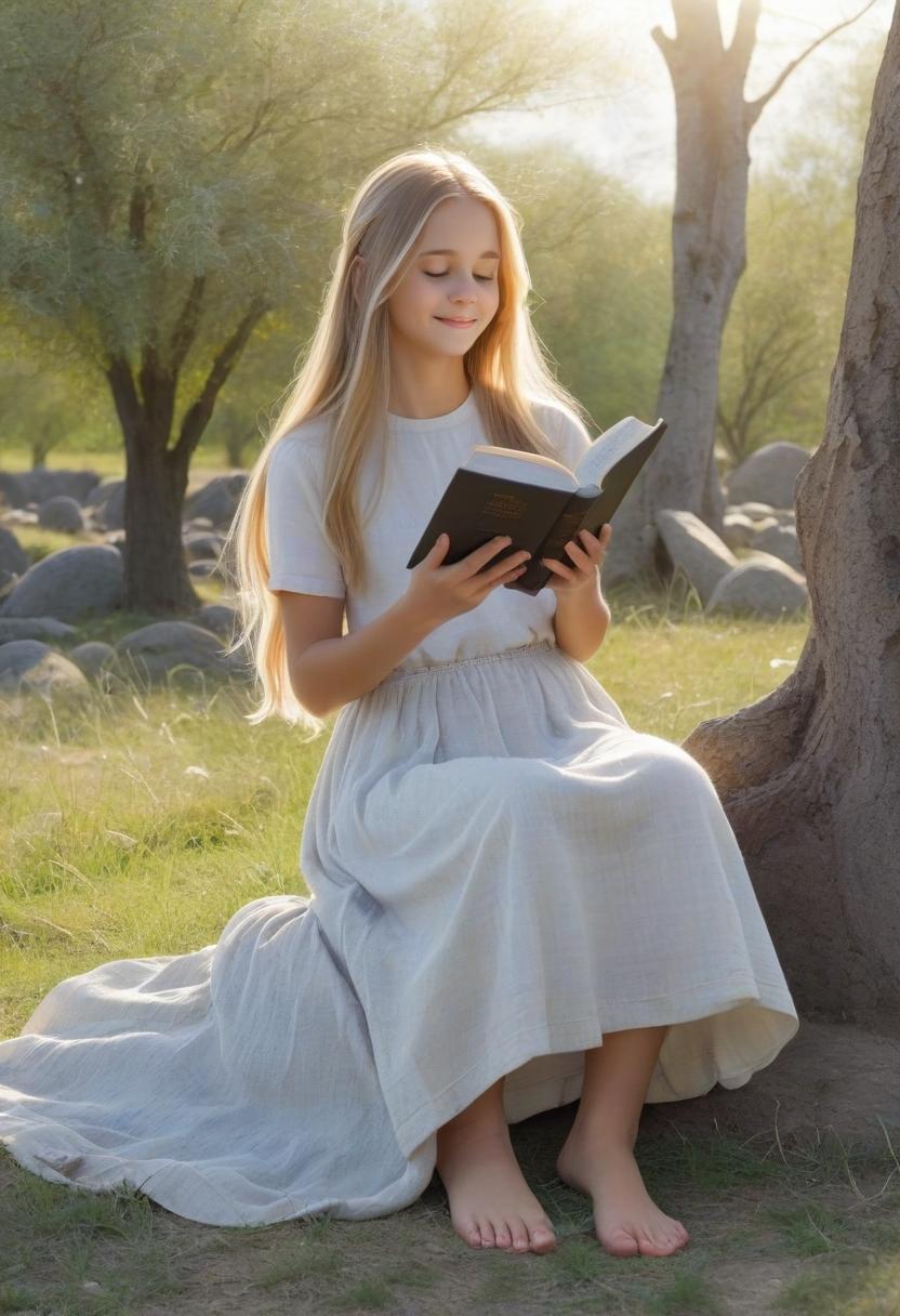  the girl sits on a stone and reads the bible, her hands hold the bible, look at the book, a lonely tree in the background, light grass under her feet, full height, barefoot, blond dress, long hair fluttering in the wind, light background, a lot of light, light rays, high resolution, smile on her face, calmness, perfect hands