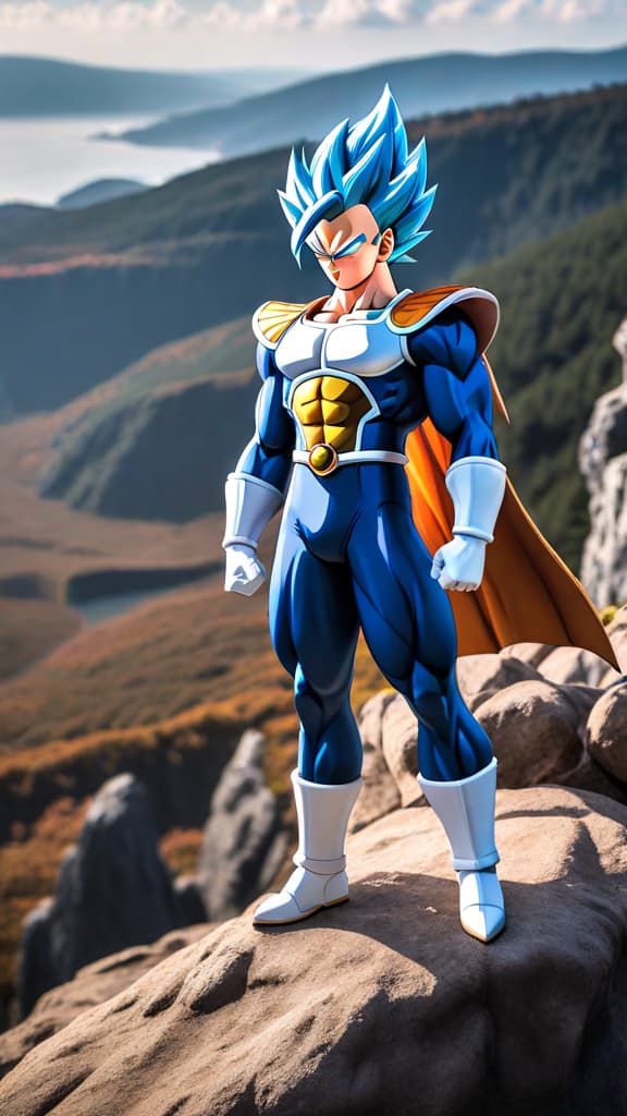  vegeta from dragon ball on a cliff, eyes glowing with determination, aura radiating ultra instinct energy, anime art hyperrealistic, full body, detailed clothing, highly detailed, cinematic lighting, stunningly beautiful, intricate, sharp focus, f/1. 8, 85mm, (centered image composition), (professionally color graded), ((bright soft diffused light)), volumetric fog, trending on instagram, trending on tumblr, HDR 4K, 8K