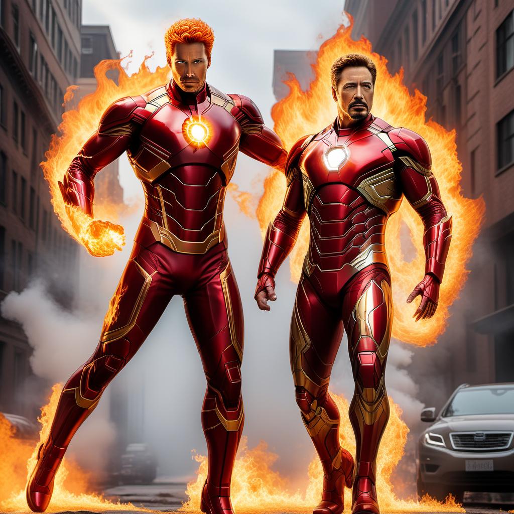  A highly detailed comic-style character design combining Human Torch and Iron Man, with a greater emphasis on Human Torch's fiery, blazing form. The character should blend Human Torch's fire aura, flames, and combustion ability with some subtle elements of Iron Man's high-tech suit. Incorporate features like Human Torch's fully engulfed fire body, flame effects, and intense glowing eyes, along with hints of Iron Man's repulsor technology and armor pieces. The character should be in a dynamic, mid-flight pose surrounded by swirling flames and heat waves, showcasing the raw firepower of Human Torch. hyperrealistic, full body, detailed clothing, highly detailed, cinematic lighting, stunningly beautiful, intricate, sharp focus, f/1. 8, 85mm, (centered image composition), (professionally color graded), ((bright soft diffused light)), volumetric fog, trending on instagram, trending on tumblr, HDR 4K, 8K