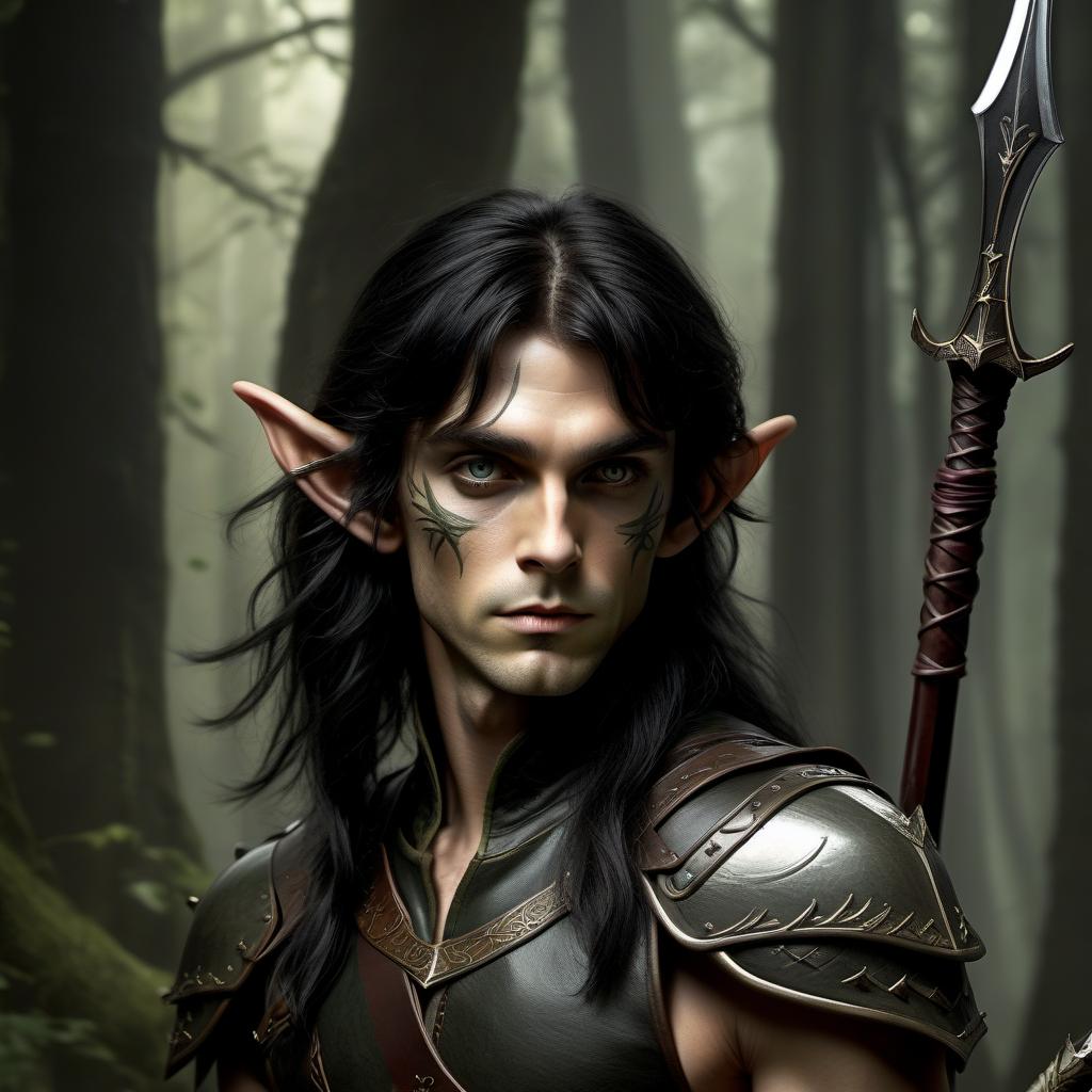  forest elf, crook, dressed in light leather armor, eyes are tied with a dense black cloth from under which you can see scars, black hair, naughty, shoulder length, behind a short bow and quiver with arrows, on the belt a short sword