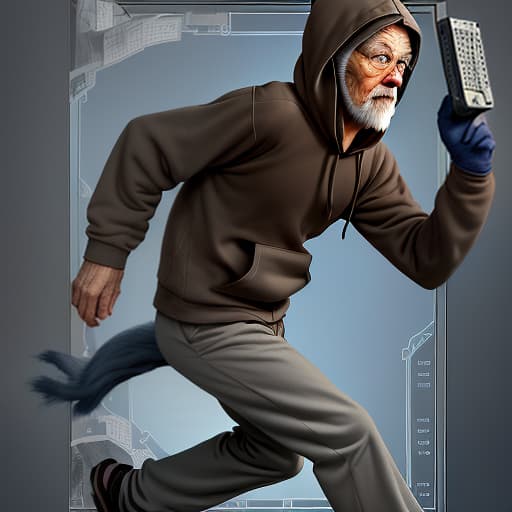  gray cat of low growth humanoid species, in brown pants and blue hooded sweatshirt, counts on the calculator, 4k, dynamic, action packed, thrilling, by neil leifer, walter iooss jr., bob martin, eadweard muybridge, robert capa