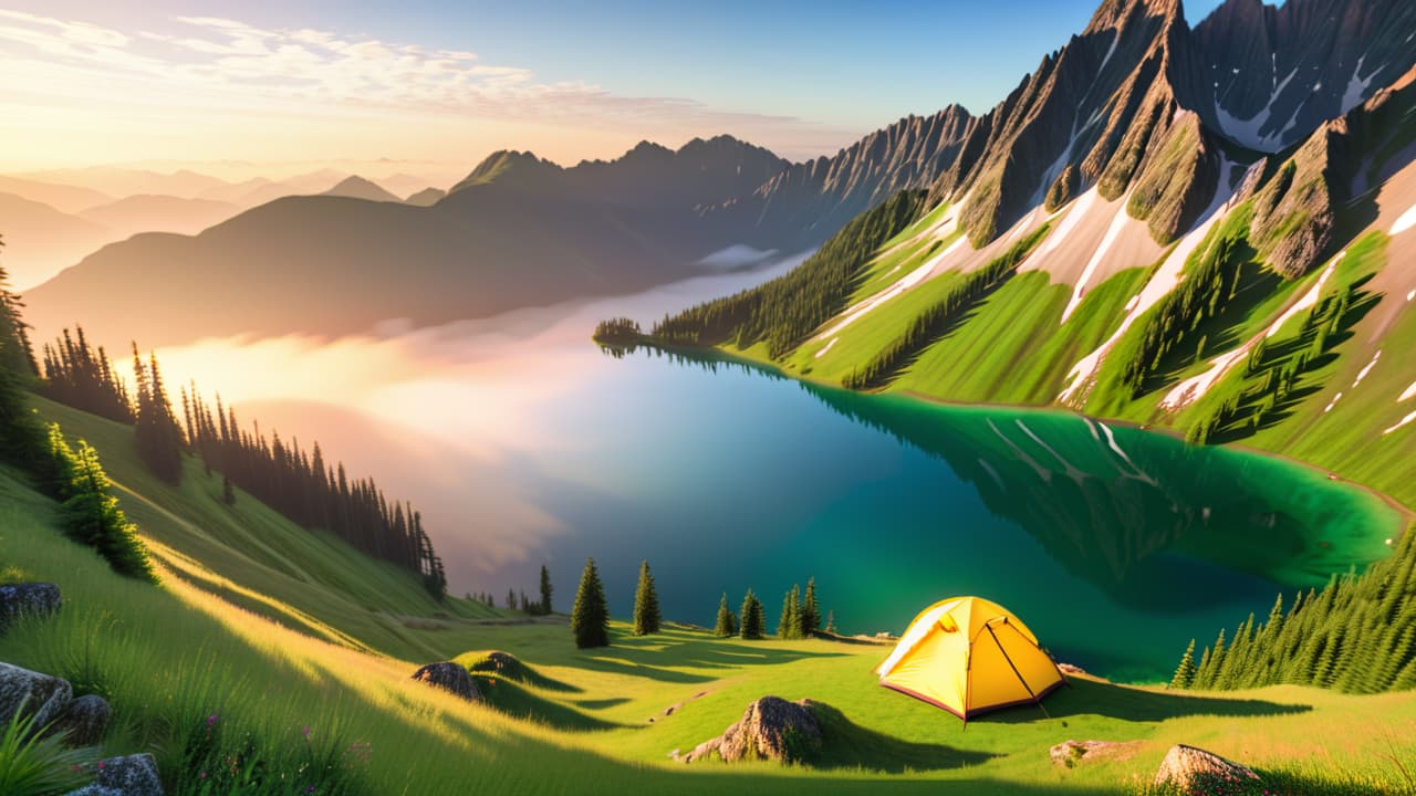  a scenic view of a rugged mountain landscape with a winding trail, dotted with colorful tents, surrounded by lush greenery, crystal clear lakes, and a vibrant sunset reflecting off the peaks. hyperrealistic, full body, detailed clothing, highly detailed, cinematic lighting, stunningly beautiful, intricate, sharp focus, f/1. 8, 85mm, (centered image composition), (professionally color graded), ((bright soft diffused light)), volumetric fog, trending on instagram, trending on tumblr, HDR 4K, 8K