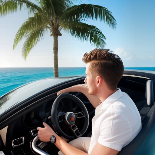  a young guy with bristles, in a shirt with palm trees, sitting in an expensive porsche behind the wheel, side view full face, background ocean waves, bright sun