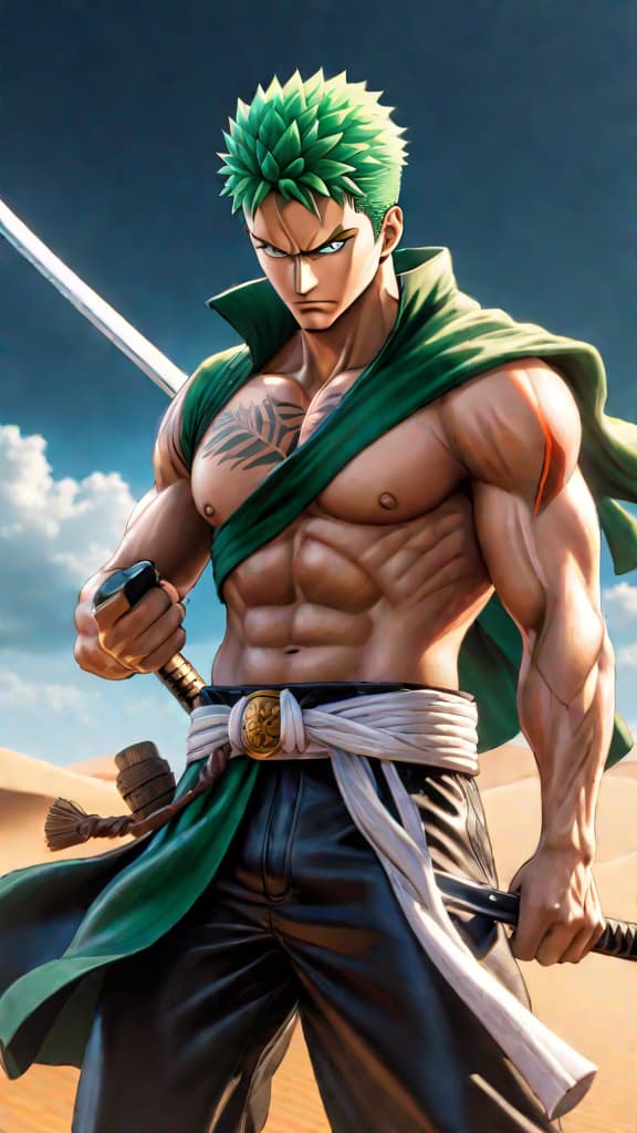  create an anime art of roronoa zoro from one piece struggling with directional sense in alabasta desert. hyperrealistic, full body, detailed clothing, highly detailed, cinematic lighting, stunningly beautiful, intricate, sharp focus, f/1. 8, 85mm, (centered image composition), (professionally color graded), ((bright soft diffused light)), volumetric fog, trending on instagram, trending on tumblr, HDR 4K, 8K