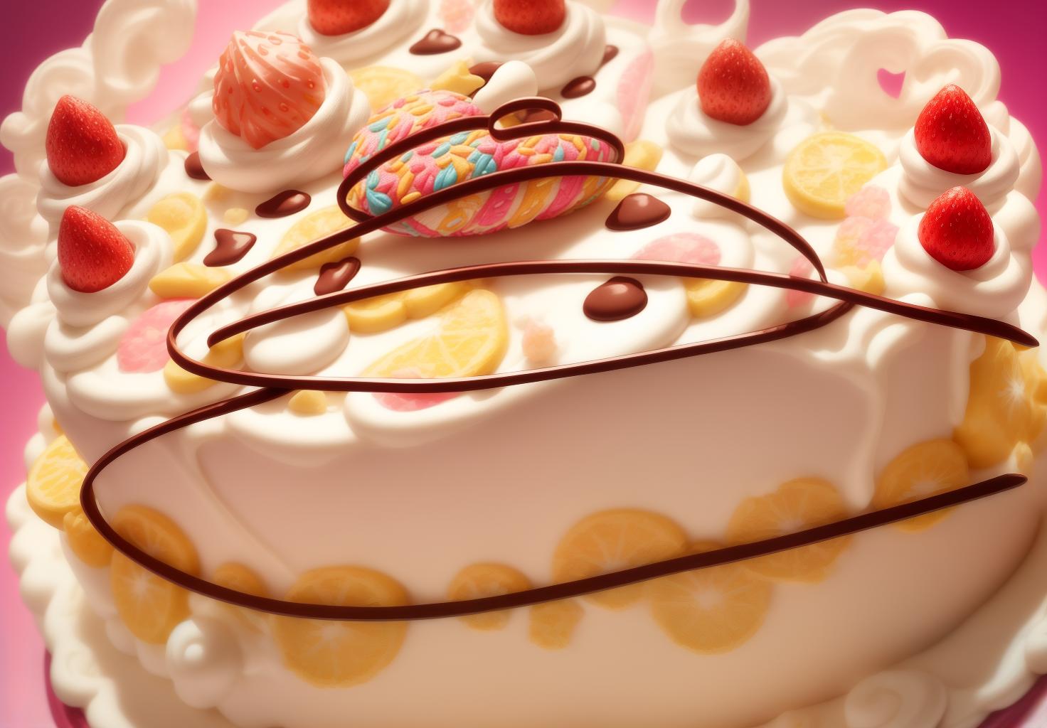  best quality, ultra high resolution, perfect lighting, cute cartoon birthday cake, multi layered, full and rounded, front view, complete cake, detailed frosting decorations, colorful layers, playful design, smooth lines, friendly appearance, bright and cheerful colors, whimsical patterns, intricate icing details, charming cake toppers, fun and playful decorations, joyful and festive atmosphere, visually appealing, non realistic, cartoonish elements, 3d appearance, dimensional layers, textured frosting, cream, frosting, chocolate chips, sprinkles, ganache, drizzled icing, whipped cream, edible decorations, decorative patterns, candles, small amount of fruit, clean background, (masterpiece:1.2), (extremely detailed:1.2), (8k:1.2)