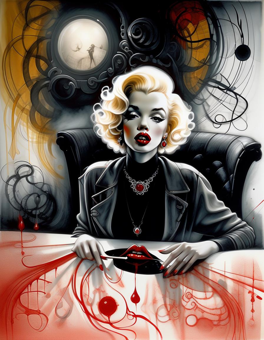  a stylized monochrome portrait of a woman with iconic blonde curls, red lipstick, and striking earrings, against a black background. marilyn monroe licking her lips. dark ethereal surreal horror art, dark surrealism, cubism, hyperdetailed, 8k, acrylic art, ink drawing, alcohol ink, white, red and yellow and black, extremely detailed, crisp quality, award winning. style of stephen gammell, jean baptiste monge, luis royo, tom bagshaw, pino daeni,