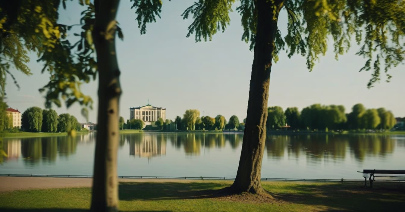  cinematic film still realistic landscape, metropolis in the distance, left linden tree and right linden tree, sunny summer day, wide angle camera, park, lake reflects trees, cinematic, bottom view from the park . shallow depth of field, vignette, highly detailed, high budget, bokeh, cinemascope, moody, epic, gorgeous, film grain, grainy