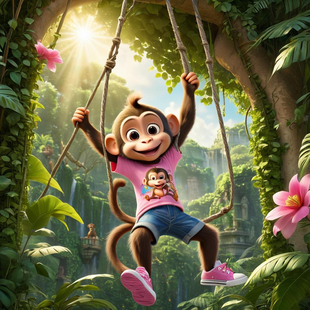  in 3d animated movie style. disney pixar style. paris, a in a colorful t shirt, denim shorts, and pink sneakers, plays with monkey, a mischievous character with brown fur, in a lush jungle. created in a high res pixar 3d animated film style with detailed textures, the scene features rich greens of the jungle contrasting with the monkey’s fur. soft, warm sunlight filters through the canopy, creating a magical atmosphere. the low angle composition highlights paris and the monkey swinging on vines in a fun and joyful moment.