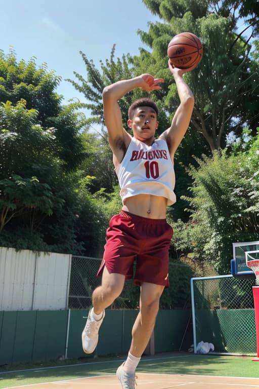  \"a young man is playing basketball on an outdoor court. the background is an outdoor basketball court in the late afternoon with soft sunlight. the young man is wearing a black sleeveless shirt and white shorts, caught mid jump as he shoots the basketball towards the hoop. his movement is dynamic and full of energy. the court has clear white lines and a neatly hung basketball net. the surface of the court is a deep red, surrounded by lush green trees and a bright blue sky.\" , advertising photo,high quality, good proportion, masterpiece , the image is captured with an 8k camera