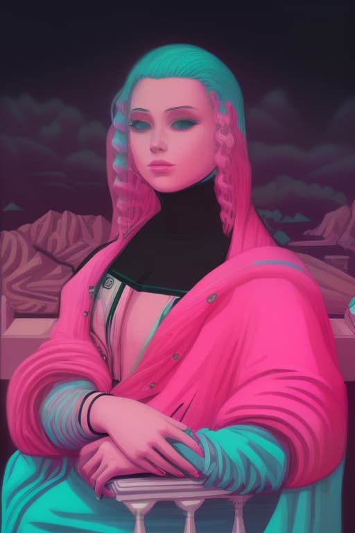  girl with pink hair, vaporwave style, retro aesthetic, cyberpunk, vibrant, neon colors, vintage 80s and 90s style, highly detailed