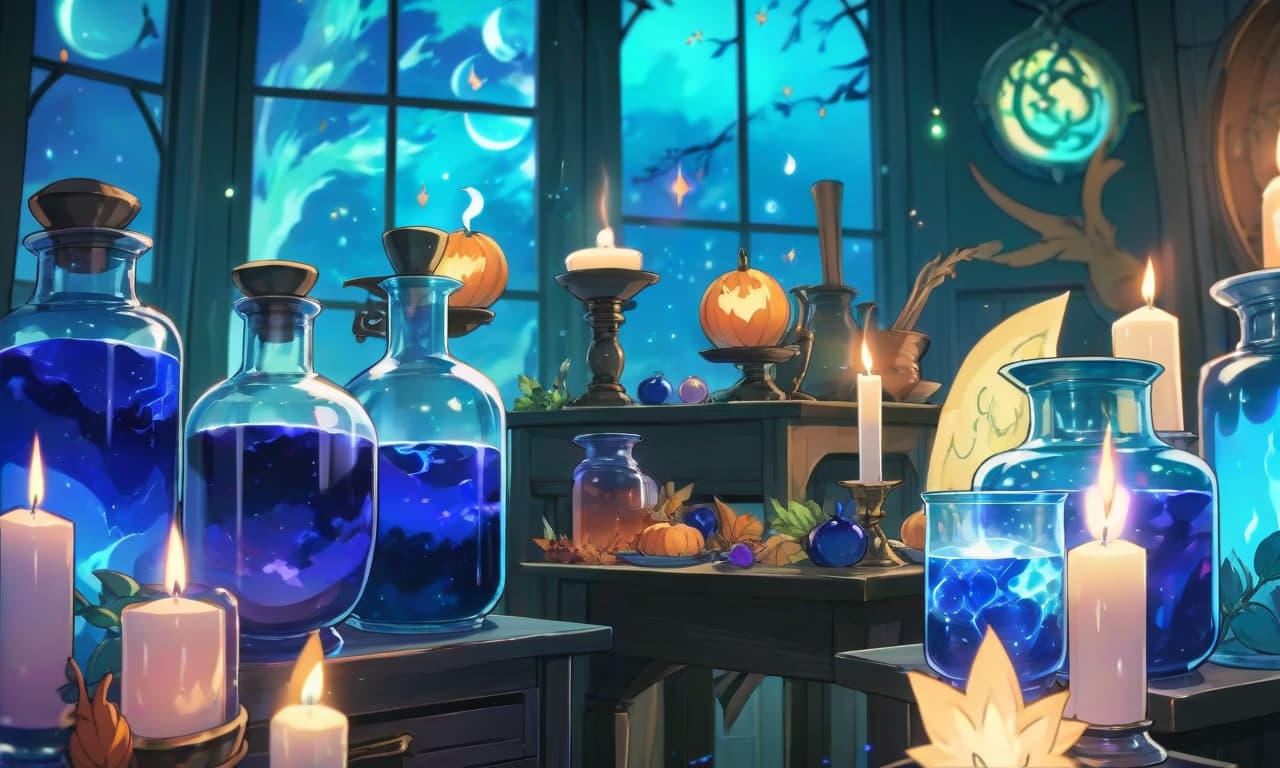  anime artwork the witch's alchemical table. blue hues. gloomy atmosphere. view horizontally . anime style, key visual, vibrant, studio anime, highly detailed