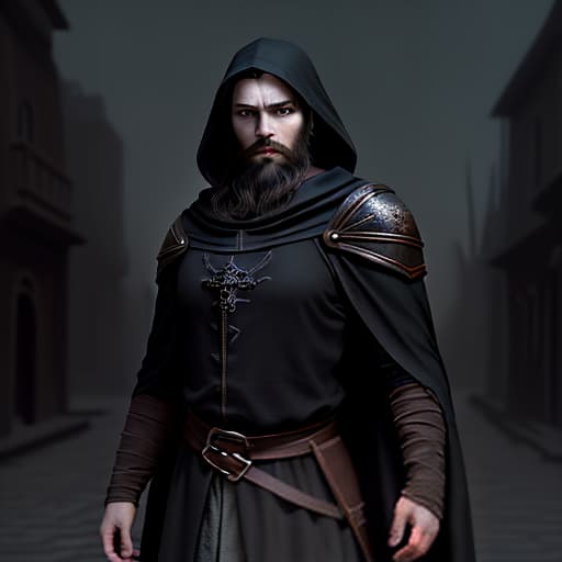  fantasy art, a frame on the face of the character, a man of 2s, lean build, long black hair and beard, simple brown clothes commoners of the middle ages, a hood to remove, a shabby black cloak on one shoulder, against the background of a street of a nightly ancient sumerian city, lighting, slate atmosphere, cinematic, dimmed colors, dark shot, muted colors, film grainy, lut, spooky