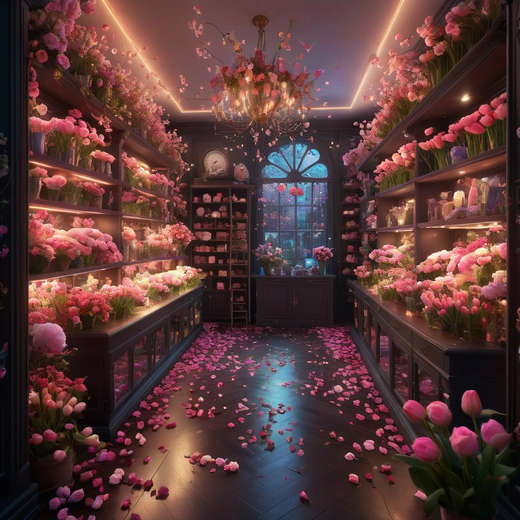  fairy tale flower shop fantastic. night. blossoms with flowers on shelves and on the floor. roses and tulips swirl in dance. fairy tale, magic, fantasy, fantasy, fantasy. isabelle menin style . magical, fantastical, enchanting, storybook style, highly detailed, hkmagic, glowneon