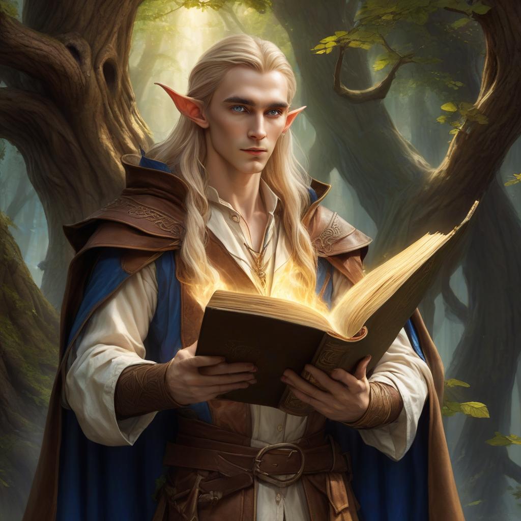  role playing game (rpg) style fantasy very beautiful low and slender elf with light skin, long straw hair and blue eyes, dressed in a white shirt and brown pants, a brown cloak hangs on his shoulders, holds an open book with leather binding and a drawing of a tree from golden lines, a wizard's tower . detailed, vibrant, immersive, reminiscent of high fantasy rpg games, hkmagic