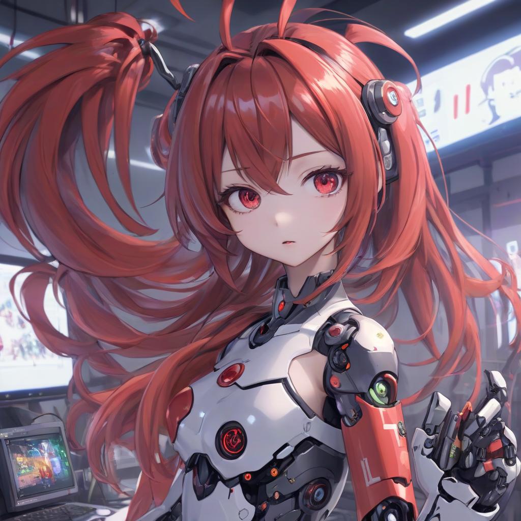  anime artwork pretty girl robot b ba bup 3000, red shoulder hair, she has all the information about games . anime style, key visual, vibrant, studio anime, highly detailed