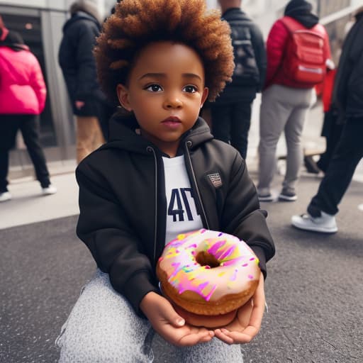  (black kids eating donuts), photorealistic, highly detailed, 4k, high quality hyperrealistic, full body, detailed clothing, highly detailed, cinematic lighting, stunningly beautiful, intricate, sharp focus, f/1. 8, 85mm, (centered image composition), (professionally color graded), ((bright soft diffused light)), volumetric fog, trending on instagram, trending on tumblr, HDR 4K, 8K