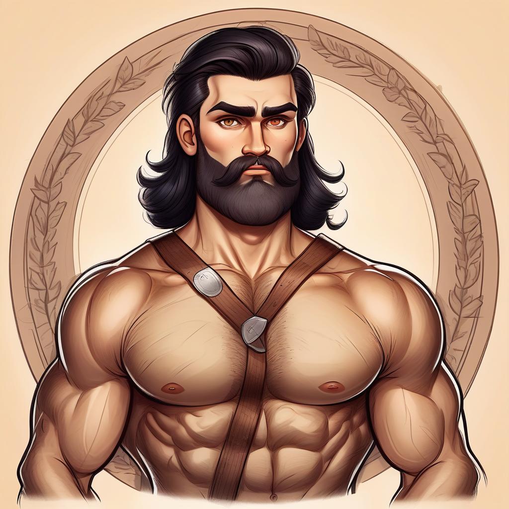  draw a guy character lumberjack with black hair long under the frame 19 years brown eyes light skin muscular face of an ordinary slavic chin round kinder look in the middle age style of drawing