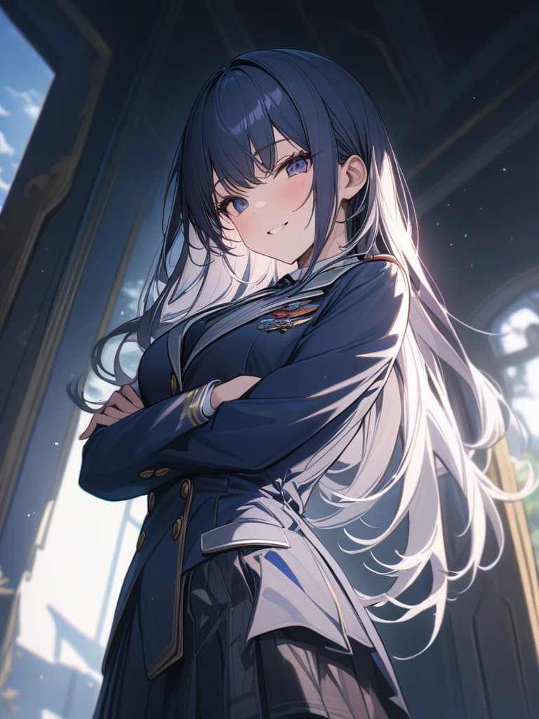  smile girl, dark blue blazer, uniform, mini , long hair, cute, dark blue high socks, masterpieces, winks, winks, waist ups, masterpiece, best quality,8k,ultra detailed,high resolution,an extremely delicate and beautiful,hyper detail