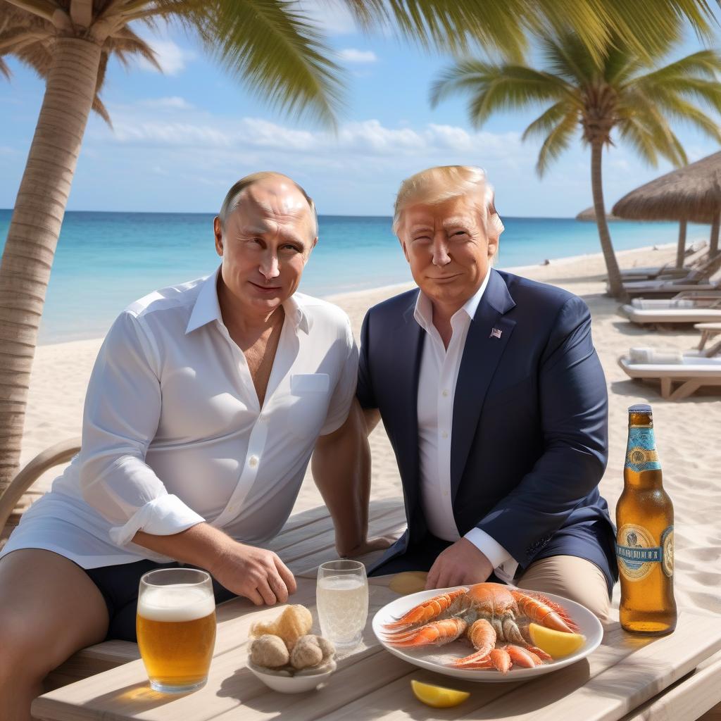  Vladimir Putin and Donald Trump on vacation by the sea, on sun beds, in shirts and shorts , a mug of beer in hand , sand , crabs , shells , starfish , palm trees, very beautiful nature, high detail, quality 50000K