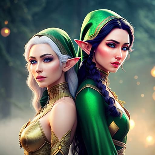  two beautiful elves hyperrealistic, full body, detailed clothing, highly detailed, cinematic lighting, stunningly beautiful, intricate, sharp focus, f/1. 8, 85mm, (centered image composition), (professionally color graded), ((bright soft diffused light)), volumetric fog, trending on instagram, trending on tumblr, HDR 4K, 8K