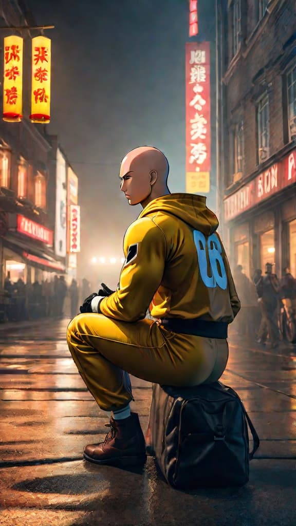  create an anime art of saitama from one punch man at the peak, contemplating a new beginning. hyperrealistic, full body, detailed clothing, highly detailed, cinematic lighting, stunningly beautiful, intricate, sharp focus, f/1. 8, 85mm, (centered image composition), (professionally color graded), ((bright soft diffused light)), volumetric fog, trending on instagram, trending on tumblr, HDR 4K, 8K