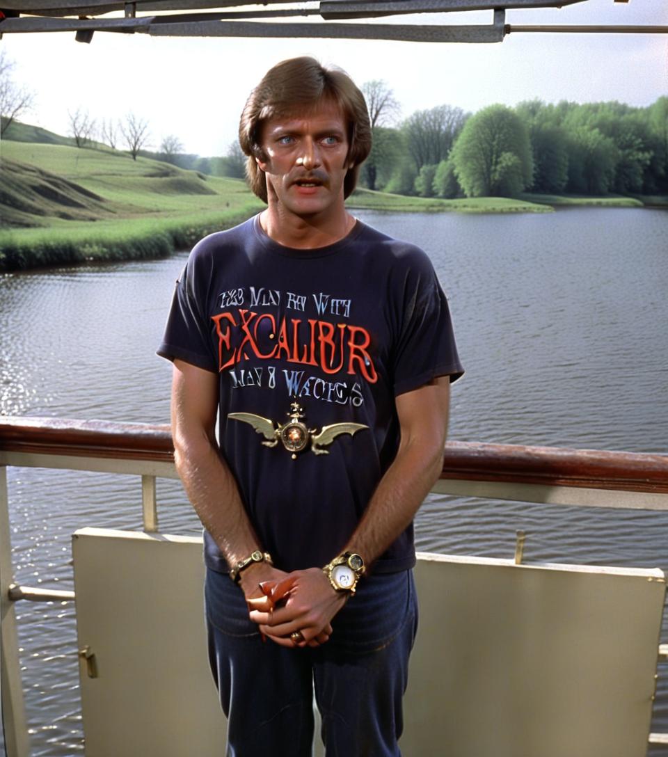  dvd screengrab,man with watches on hand from 1982 dark fantasy film, "excalibur"