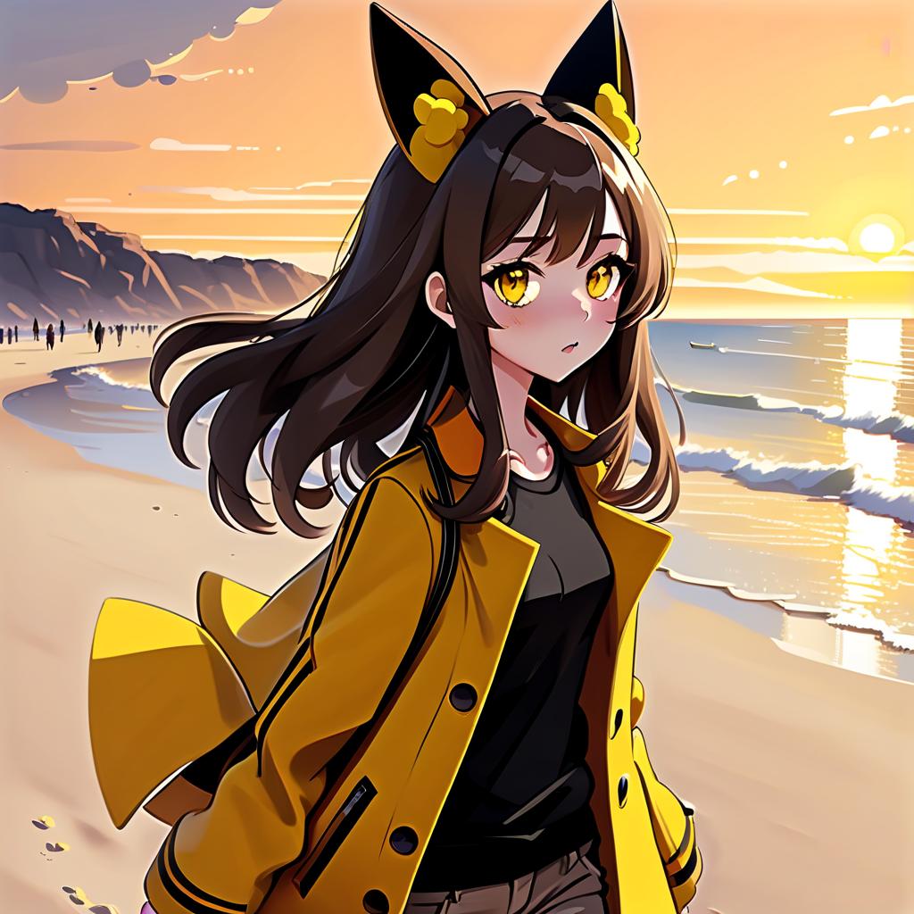  constructivist style an anime style girl with anime ears walks along the beach, where soft sand extends to the horizon. she has long dark brown hair, which flies slightly in the breeze. her face, with pronounced jewish and slavic features, radiates lively energy. brown eyes are full of deep emotions, as if reflecting the vast expanses of the ocean. she has a bright yellow coat, which seems to shine, catching the eye and contrasting with the soft shades of the sunset. under her coat she wears a black shirt and black pants are decorated with yellow elements, creating a stylish and dynamic look. the sunset blooms in the sky, turning the surrounding space into a magical spectacle. the bright red rays of the sun fall on the terrain in stripes, h