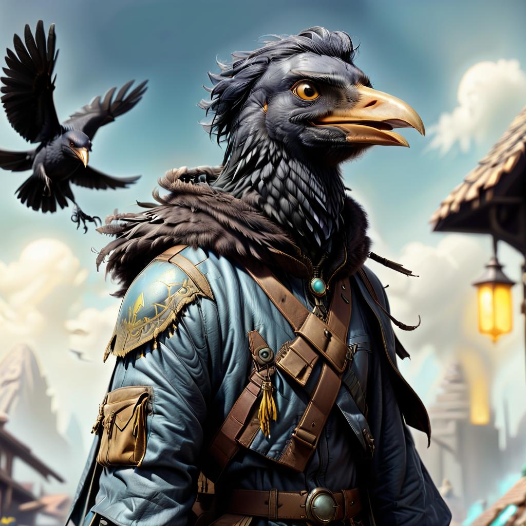  ethereal fantasy concept art of black with blue tint avian humanoid race with crow head alchemist, small beak, mischievous yellow eyes, smiling, wearing travelers rags and leather cloak with lots of pockets, has big backpack with pockets, bomb in hand, magical laboratory background . magnificent, celestial, ethereal, painterly, epic, majestic, magical, fantasy art, cover art, dreamy, civitai