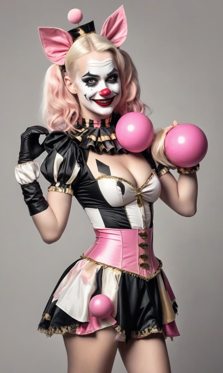  concept art pink, gold, black, white circus margot robbins to the waist in the image of harley quinn costume clown two hyena . digital artwork, illustrative, painterly, matte painting, highly detailed, perfect hands