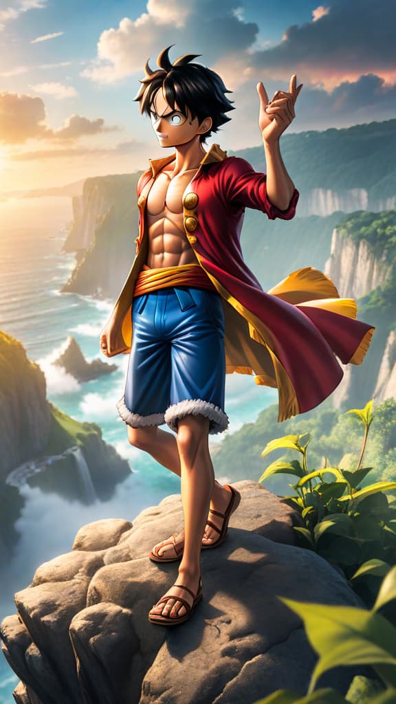  anime art: luffy from one piece standing atop a cliff, wind whipping through his hair, sun casting long shadows hyperrealistic, full body, detailed clothing, highly detailed, cinematic lighting, stunningly beautiful, intricate, sharp focus, f/1. 8, 85mm, (centered image composition), (professionally color graded), ((bright soft diffused light)), volumetric fog, trending on instagram, trending on tumblr, HDR 4K, 8K