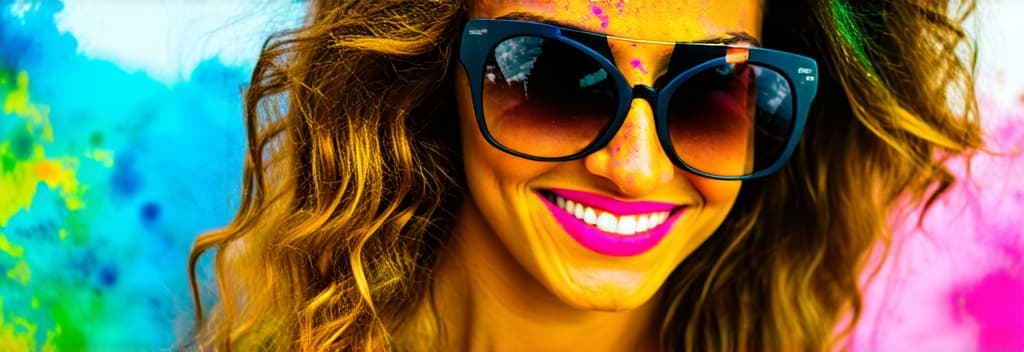  banner portrait of young beautiful woman with wavy brown hair wearing sunglasses at holi festival with colorful paints ar 3:1, (natural skin texture), highly detailed face, depth of field, hyperrealism, soft light, muted colors