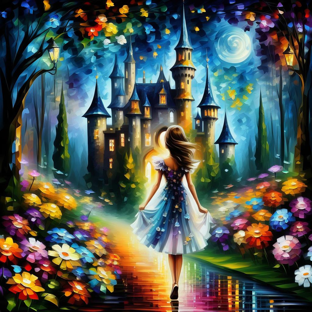  (style of leonid afremov:1.5), fantasy world with pixies and flowers, a castle with many flowers, flying pixi girl, pixi dressed in a dress made of flowers, in clothes made of flowers, forest of flowers, alley of flowers in the forest, dream, wings of flowers, night and stars, epic realism, anime features, dark fantasy, abstract horror, desaturated color palette, gothic and renaissance aesthetic,