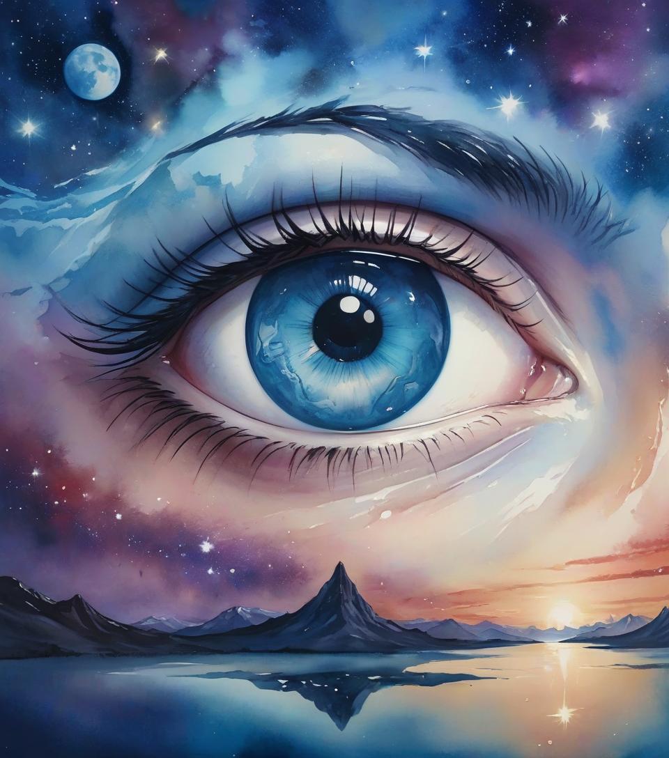  hyperrealistic art watercolor, eye, surrealism, bright stars in the sky. wavy cornea of the eye . extremely high resolution details, photographic, realism pushed to extreme, fine texture, incredibly lifelike