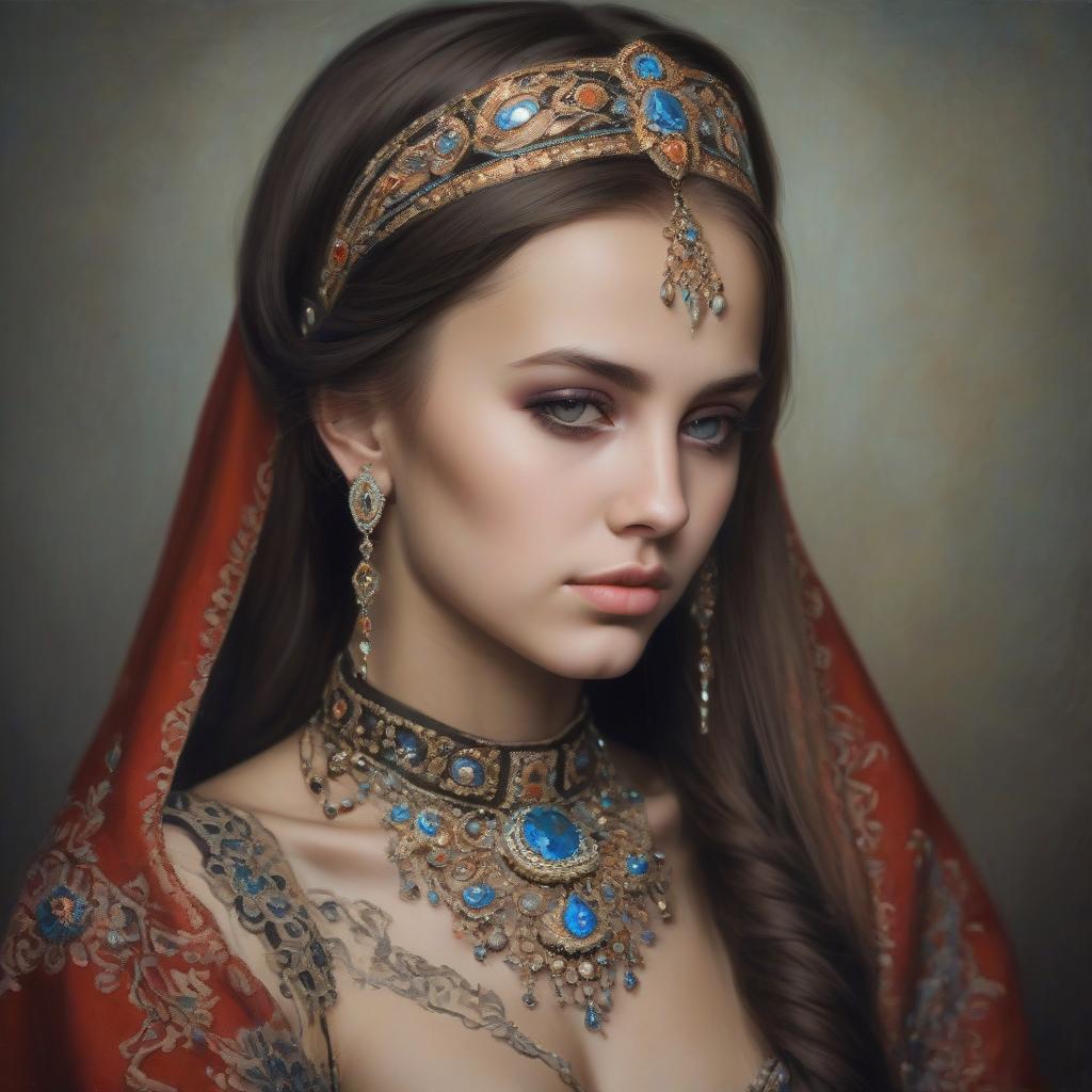  beautiful tatar girl with national jewelry brooding face looks down