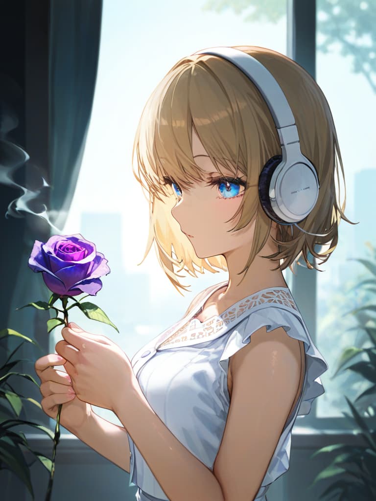  headphones, whole body, blue eyes, blonde bob cut s, white pleated s, white sailor uniforms, s who smoke spider nest on the left arm, with purple rose on the left , smoke, masterpiece, best quality,8k,ultra detailed,high resolution,an extremely delicate and beautiful,hyper detail