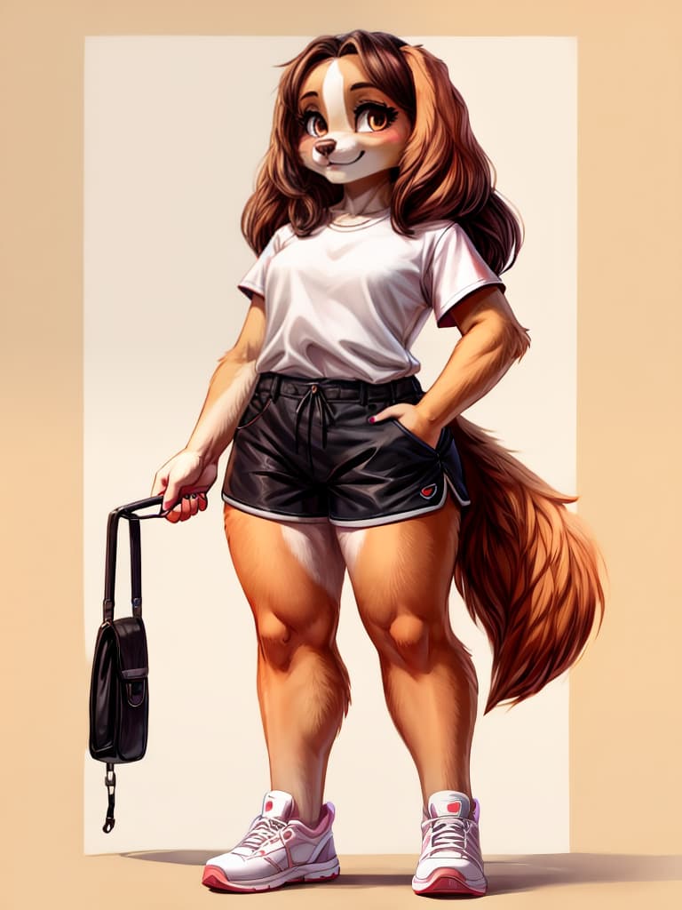  swf anthropomorphic english cocker spaniel female curvy, standing in shorts and oversized tshirt no background