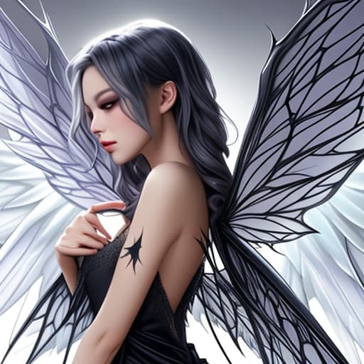  Fairy,evil,black dress, silver wings