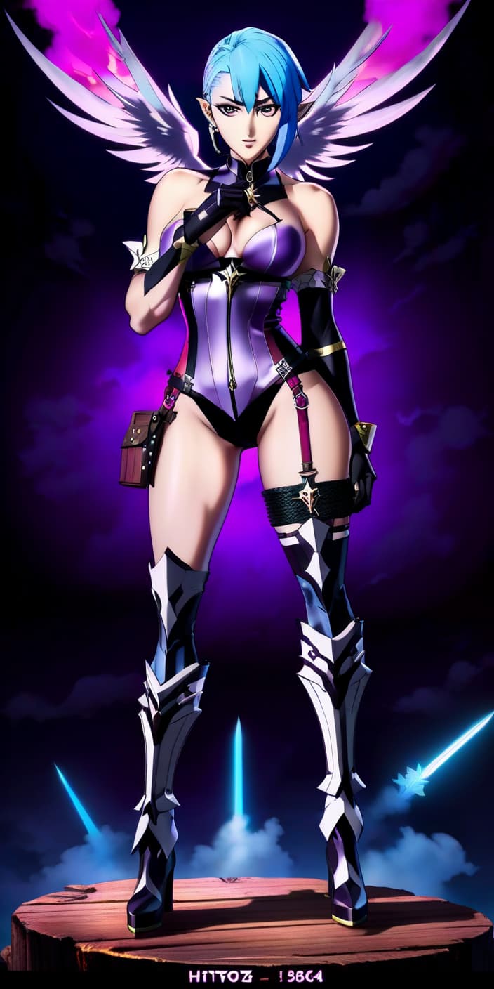  anime artwork jinx, charming , broken opaque armor, broken cowards, blue hair, long , purple and black cods, piercing in the on, piercing on the eyebrows, piercing in the nose, other hand on the , feet stunned and twisted, on one leg of purple stock, in black long boots, a cloud tattoo on the arm, in a dark wood, where there's a trawl, god's crust, flymore, moh, evil missile . anime style, key visual, vint, studio anime, highly detailed, civitai, perfect hands hyperrealistic, full body, detailed clothing, highly detailed, cinematic lighting, stunningly beautiful, intricate, sharp focus, f/1. 8, 85mm, (centered image composition), (professionally color graded), ((bright soft diffused light)), volumetric fog, trending on instagram, trending on tumblr, HDR 4K, 8K