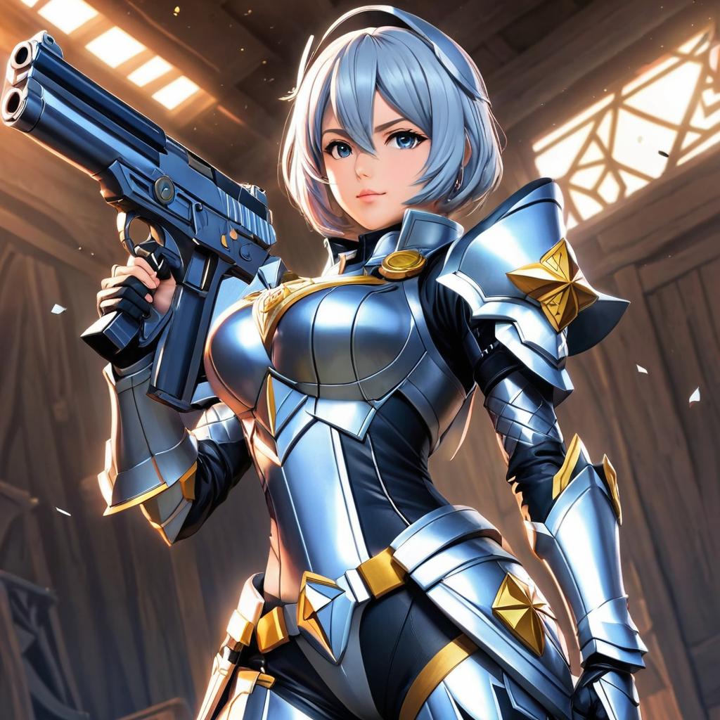  a with mive s and hips in diamond armor on her s and holding a pistol, anime artwork, anime style, key visual, vint, studio anime, highly detailed