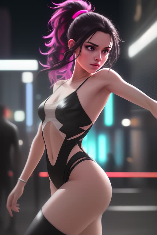  a climbing over a fence in a modern city during twilight, dressed in fashionable party clothes. her hair is styled in a trendy id or a sleek ponytail. in the background, neon signs and lights illuminate the way to a distant nightclub, where the beats of modern dance music can be felt. the scene is filled with energy, youth, and freedom. the style should resemble modern dance track covers: bright colors, high contrast shadows, and gradient effects to evoke a sense of motion and rhythm. sketch of a flat oil painting, watercolor, (extremely detailed oil painting:1.2), glow effects, godrays, hand drawn, render, 8k, octane render, cinema 4d, blender, dark, atmospheric 4k ultra detailed, cinematic sensual, sharp focus, humorous illu