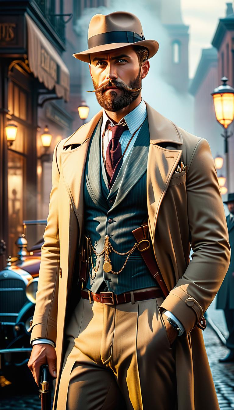  a young man with a beard detective 1920s hyperrealistic, full body, detailed clothing, highly detailed, cinematic lighting, stunningly beautiful, intricate, sharp focus, f/1. 8, 85mm, (centered image composition), (professionally color graded), ((bright soft diffused light)), volumetric fog, trending on instagram, trending on tumblr, HDR 4K, 8K