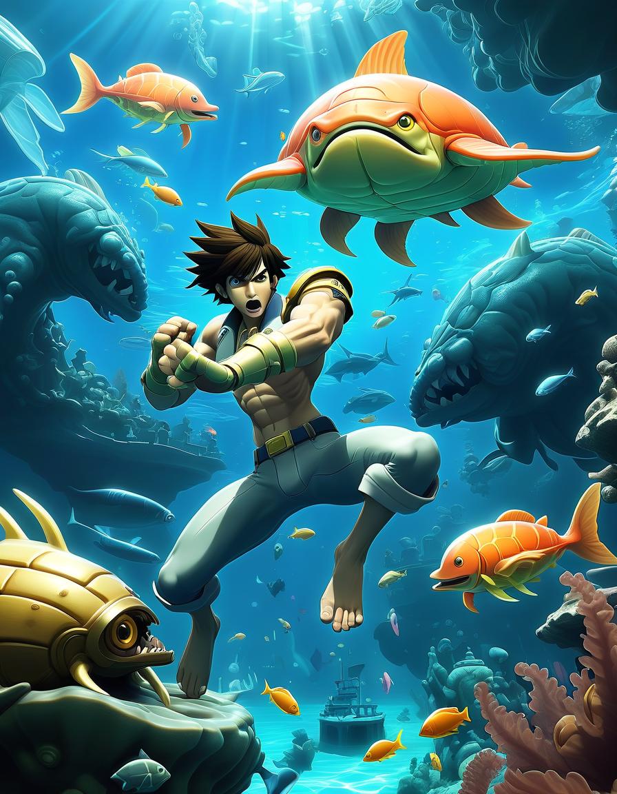  fighting game style the underwater kingdom: a fantastic underwater city where anime characters swim among giant sea creatures. everything is glowing and the water details are rendered in realistic 3d. . dynamic, vibrant, action packed, detailed character design, reminiscent of fighting video games