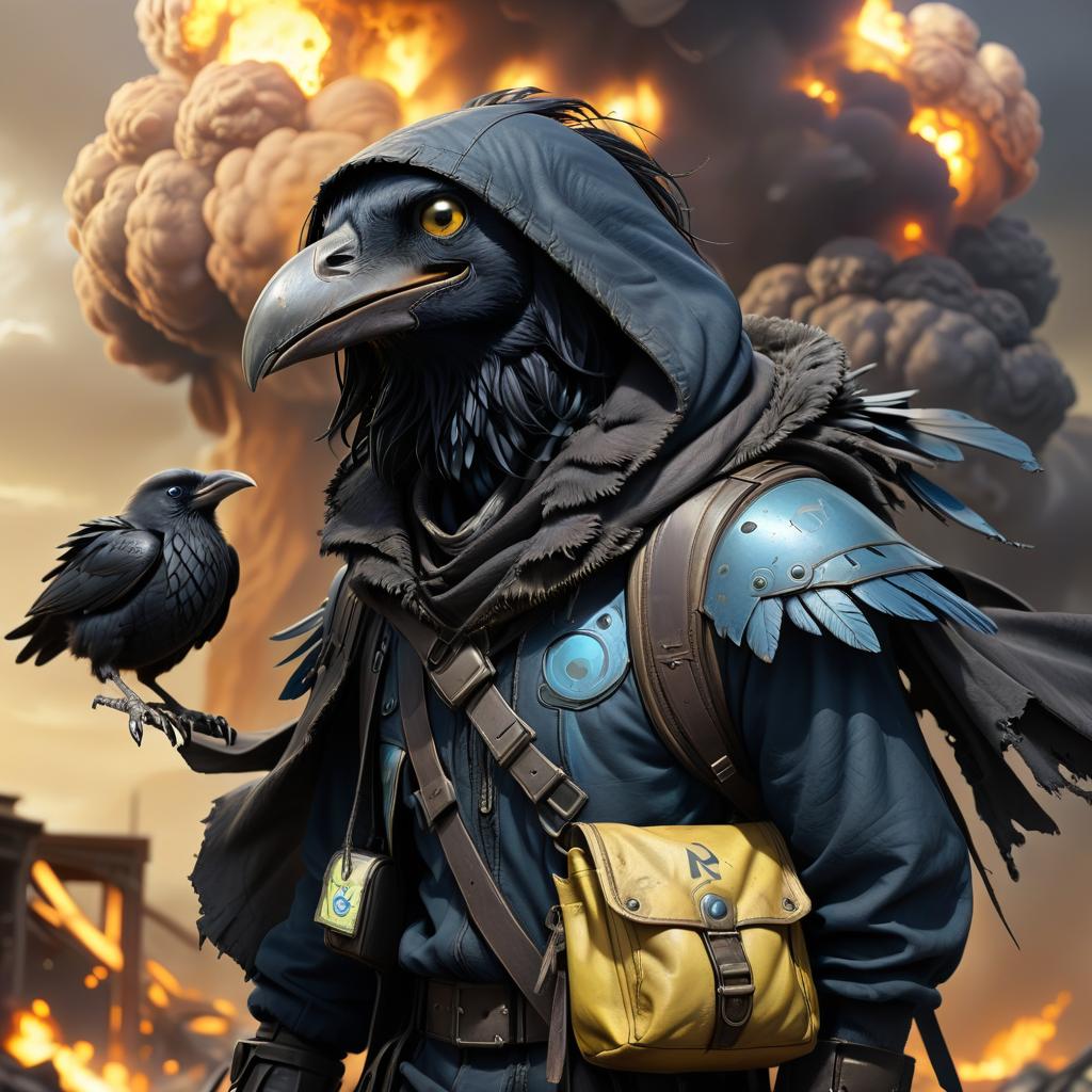  dystopian style black with blue tint avian humanoid race with raven head alchemist, torn cape, mischievous yellow eyes, smiling, rags and leather cloak with lots of pockets, big backpack with pockets, nuclear explosions and detonation blasts . bleak, post apocalyptic, somber, dramatic, highly detailed, civitai